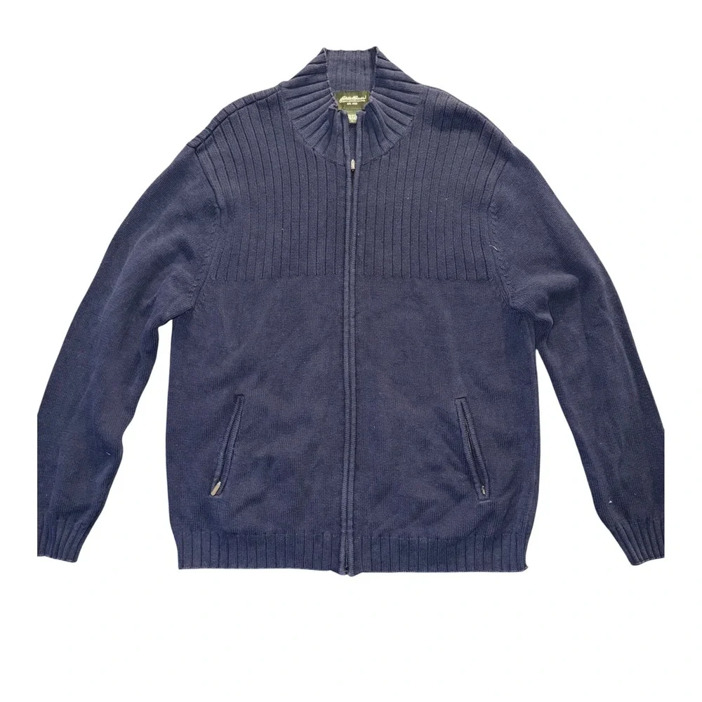 Eddie Bauer Mens Large Navy Blue 100% Cotton Ribbed Full Zip Mock Neck Sweater